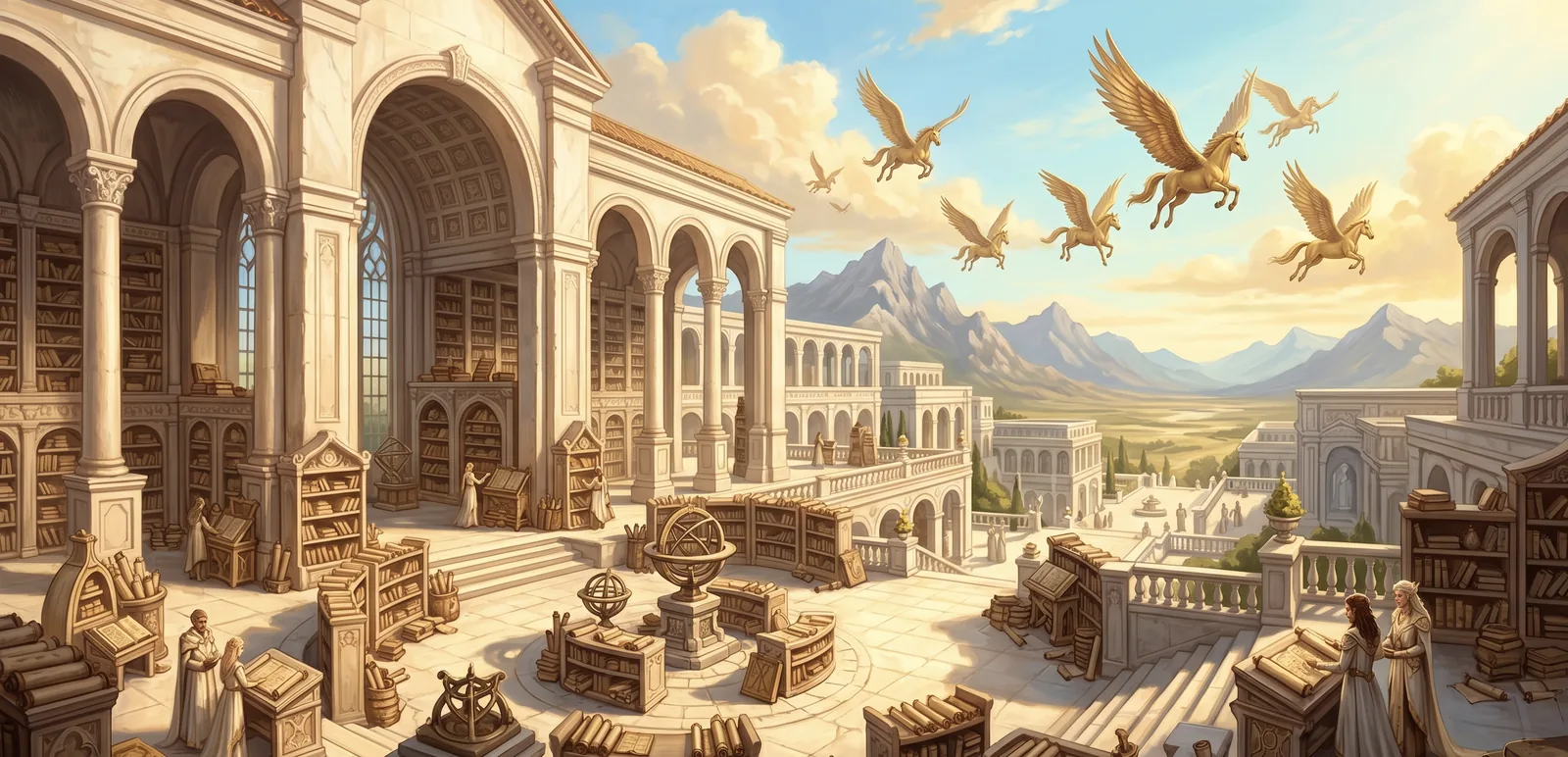 Grand, sun-baked marble libraries and open-air courtyards filled with ancient scrolls, beneath a sky where golden pegasuses soar.